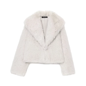 Macro shot of fluffy light grey faux fur texture and smooth inner lining of a short coat