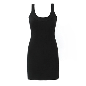 Detail of black bodycon dress showing textured bandage fabric and round neckline