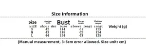 Size chart for women's long suede trench coat detailing shoulder, bust, and sleeve measurements