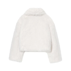 Rear view of a white faux fur cropped jacket with long sleeves and a plush fluffy texture