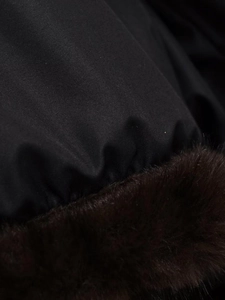 Gros plan du col en fausse fourrure brune et du tissu noir haute densité de la veste
