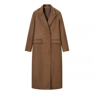 Détail d'un manteau marron caramel à double boutonnage avec revers pointus et poches