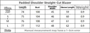 Size chart for women's padded shoulder blazer showing length, bust, and sleeve measurements
