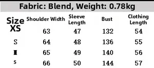 Detailed size chart for herringbone puffer bomber jacket showing measurements in centimeters