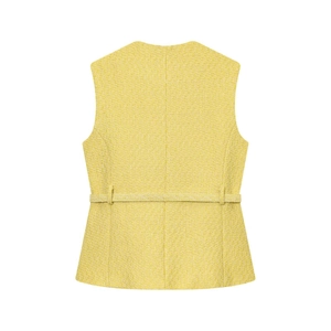 Detail view of yellow tweed vest back with matching belt and woven texture
