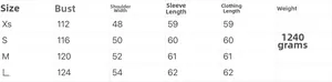 Size chart for women reversible shearling jacket with bust, shoulder and sleeve measurements
