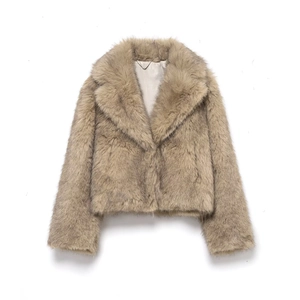 Manteau Court en Fausse Fourrure Femme Revers Manches Longues Hiver Chaude Veste Streetwear Khaki Couleur Unie Manteau Peluche pour Femme