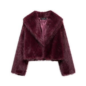 Short faux fur coat for women in burgundy with wide lapels and soft plush texture