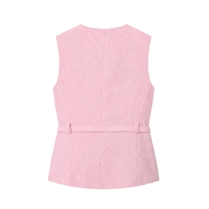 Back view of pink tweed sleeveless vest with a matching belt and rich texture