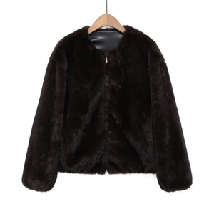 Veste en Fausse Fourrure pour Femme Col Rond Fermeture Éclair Manteau Hiver Automne Couleur Unie Manches Longues Décontracté