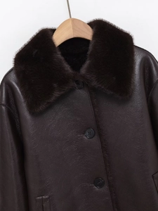 Detailed close-up of textured faux leather jacket with plush faux fur collar and buttons