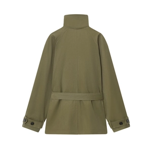 Trench-coat en coton vert olive pour femme avec col montant et ceinture réglable