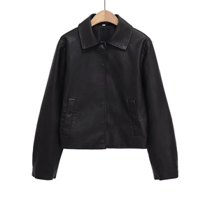 Fashion Women PU Leather Jacket Long Sleeve Flip Collar Solid Color Streetwear Outerwear For Autumn Winter Casual Coat