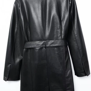 Back view of a long black PU leather jacket featuring a waist belt and professional tailoring