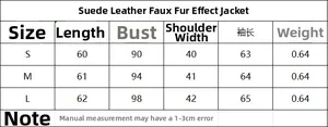 Detailed size guide for faux fur suede jacket showing S, M, and L measurements