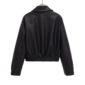 Back view of a black faux leather PU jacket featuring a lapel collar and elastic hem