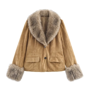 Women Faux Suede Jacket With Large Faux Fur Collar And Cuffs Single Breasted Khaki Winter Warm Outerwear With Flap Pockets