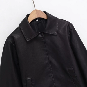 Women's 2025 autumn fashion black PU leather jacket with lapel collar and zipper