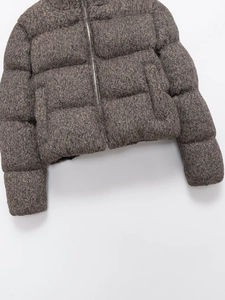 Short quilted taupe knit jacket for women with high collar and silver front zipper closure