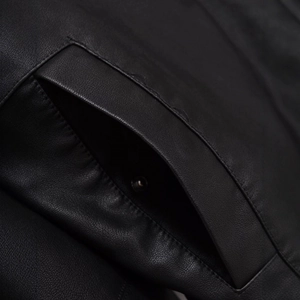 Black PU leather jacket with lapel collar and snap button pocket detail