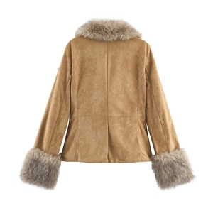 Rear view of faux suede jacket showing grey faux fur trim and back slit detail