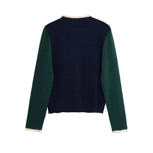 Women's color-block knit sweater in navy blue and dark green with contrast ribbed edges