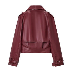 Rear view of a dark red faux leather biker jacket featuring a wind flap and buckled cuffs