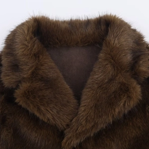 Deep brown faux fur jacket with stylish lapel collar and soft plush texture