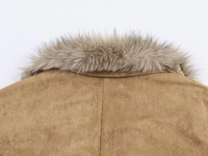 Detail of soft faux fur collar and brown suede texture on a women's winter coat
