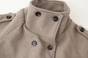 Detailed close-up of premium wool fabric texture and tortoiseshell buttons on coat