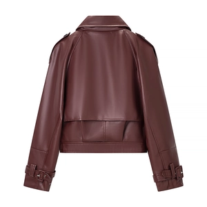 Detail view of burgundy leather jacket back with layered cut and shoulder epaulettes