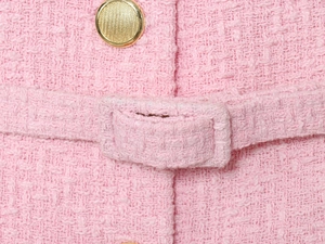 Macro detail of pink tweed fabric texture with gold metal button and matching belt buckle