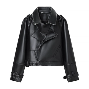 Detail of black faux leather biker jacket featuring wide lapels and asymmetric zip closure