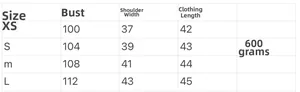 Detailed size chart for women's faux leather vest including bust and length measurements