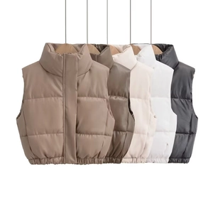 Women Casual Stand Collar PU Leather Puffer Vest Short Quilted Faux Leather Cotton Sleeveless Jacket Waistcoat Outwear Autumn Winter