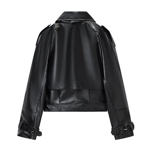 Back view of a women's black faux leather biker jacket with raglan sleeves and buckled cuffs