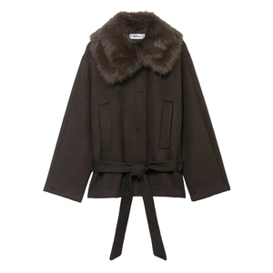 Women's Faux Fur Collar Woolen Style Coat Deep Brown Mid-Length Outerwear With Tie Belt Casual Elegant Winter Jacket