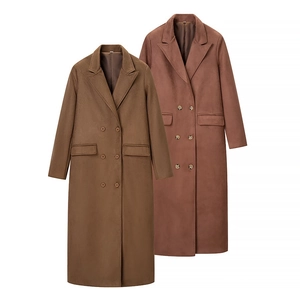 Trench Coat Long En Daim Pour Femmes Double Boutonnage Décontracté Élégant Veste D'extérieur Avec Poches