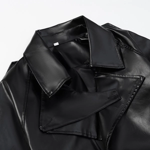 Detail shot of the large lapel and premium faux leather texture on black motor jacket