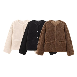 Veste Décontractée en Polaire Teddy pour Femmes Boutonnage Simple Couleur Unie Col Rond Extérieur en Sherpa Chaud Manteau