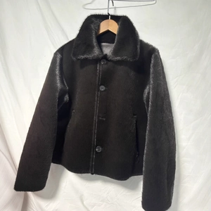Women's 2025 winter stylish black faux fur jacket with lapel collar and buttons