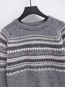 Detailed view of Fair Isle jacquard knit pattern on a gray crewneck sweater