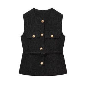 Elegant black tweed sleeveless jacket for women with gold buttons and waist belt