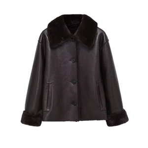 Women's 2025 fashion oversized reversible faux leather jacket with fur collar in dark coffee