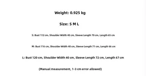 Size chart for women's double-breasted wool coat with detailed S-L weight and measurements