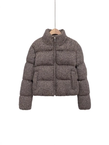 Women Casual Knitted Tweed Look Puffer Jacket Stand Collar Warm Thickened Quilted Cotton Outerwear Brown Mix Winter Coat