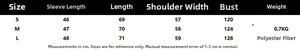 Size chart for animal print hooded knit hoodie with sleeve and bust measurements