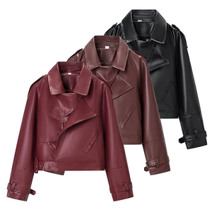 Women Casual PU Leather Biker Jacket Fashion Streetwear Lapel Zipper Solid Color Short Outerwear With Belt For Autumn Winter