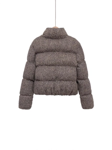 Women's warm stand collar quilted puffer jacket in taupe tweed knit texture