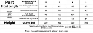 Detailed size chart for women long sleeve shirt with measurements in centimeters